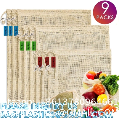 Natural Cotton Double Drawstring Reusable Eco Friendly Grocery Bag Shopping Net Produce OrganicMesh Fruit Bag