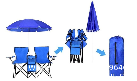 Blue Fabric Folding Double Two Seats Camping Beach Chair With Umbrella Chair Folding Camping Chair