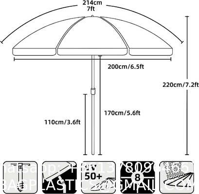 Heavy Duty High Wind Beach Umbrella Parasols Sand Anchor & Tilt Sun Shelter, UV 50+ Protection Outdoor Sunshade