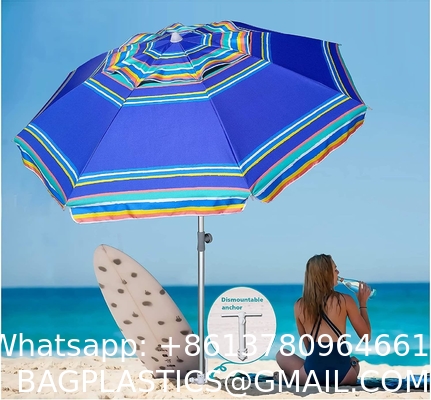 Heavy Duty High Wind Beach Umbrella Parasols Sand Anchor & Tilt Sun Shelter, UV 50+ Protection Outdoor Sunshade