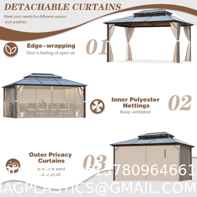 Gazebo Polycarbonate Double Roof Canopy Outdoor Aluminum Frame Pergola, Permanent Pavilion with Netting Curtains