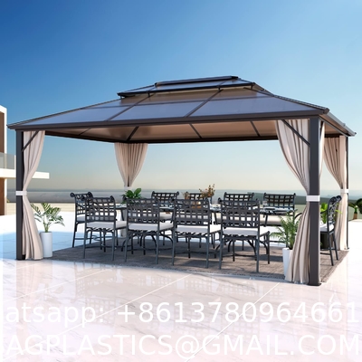 Gazebo Polycarbonate Double Roof Canopy Outdoor Aluminum Frame Pergola, Permanent Pavilion with Netting Curtains