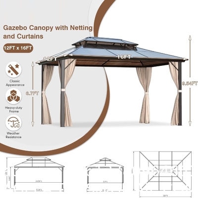 Gazebo Polycarbonate Double Roof Canopy Outdoor Aluminum Frame Pergola, Permanent Pavilion with Netting Curtains