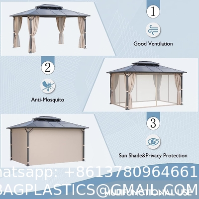 Gazebo Polycarbonate Double Roof Canopy Outdoor Aluminum Frame Pergola, Permanent Pavilion with Netting Curtains