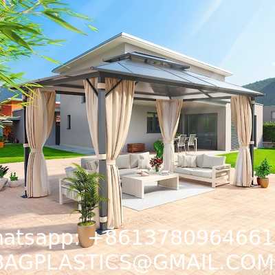 Gazebo Polycarbonate Double Roof Canopy Outdoor Aluminum Frame Pergola, Permanent Pavilion with Netting Curtains