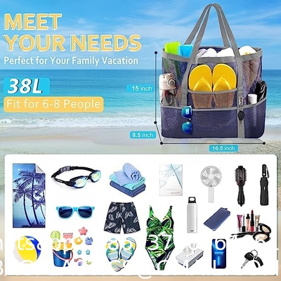 Mesh Beach Bag, Extra Large Beach Bags with 9 Pockets & Zipper Waterproof Lightweight Beach Tote for Beach/Pool Trip