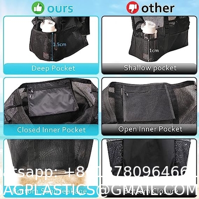 Mesh Beach Bag, Extra Large Beach Bags with 9 Pockets & Zipper Waterproof Lightweight Beach Tote for Beach/Pool Trip