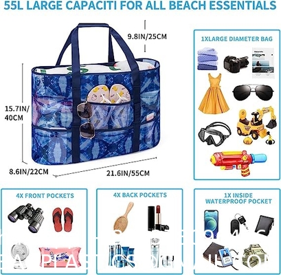 Mesh Beach Bag, Extra Large Beach Bags with 9 Pockets & Zipper Waterproof Lightweight Beach Tote for Beach/Pool Trip