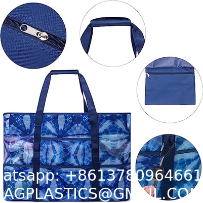 Mesh Beach Bag, Extra Large Beach Bags with 9 Pockets & Zipper Waterproof Lightweight Beach Tote for Beach/Pool Trip