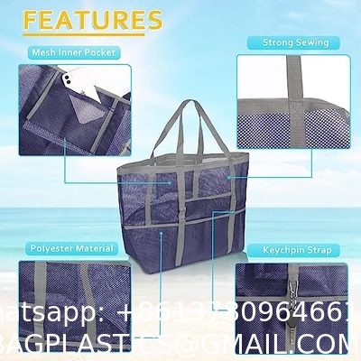 Mesh Beach Bag, Extra Large Beach Bags with 9 Pockets & Zipper Waterproof Lightweight Beach Tote for Beach/Pool Trip