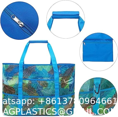 Mesh Beach Bag, Extra Large Beach Bags with 9 Pockets & Zipper Waterproof Lightweight Beach Tote for Beach/Pool Trip