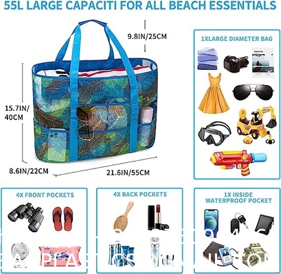 Mesh Beach Bag, Extra Large Beach Bags with 9 Pockets & Zipper Waterproof Lightweight Beach Tote for Beach/Pool Trip