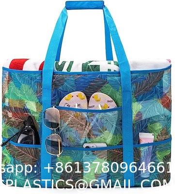Mesh Beach Bag, Extra Large Beach Bags with 9 Pockets & Zipper Waterproof Lightweight Beach Tote for Beach/Pool Trip