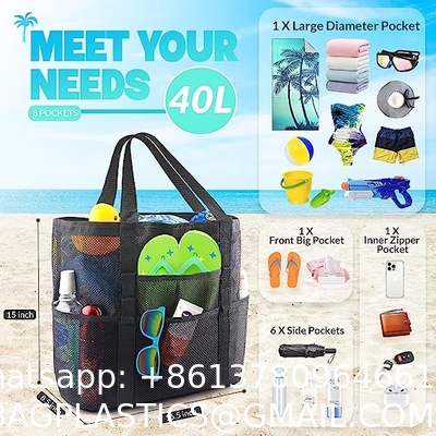 Mesh Beach Bag, Extra Large Beach Bags with 9 Pockets & Zipper Waterproof Lightweight Beach Tote for Beach/Pool Trip