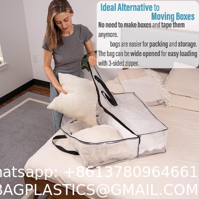 Heavy Duty Extra Large Clear Moving Bags W/Backpack Straps Strong Handles & Zippers, Storage Totes For Space Saving