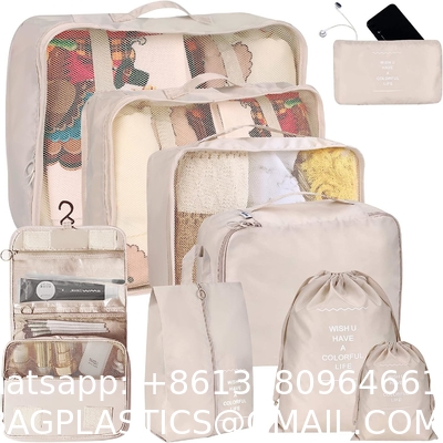 Travel Luggage Packing Organizers With Laundry Bag, Compression Storage Shoe Bag, Makeup Bag, Clothing Underwear Bag