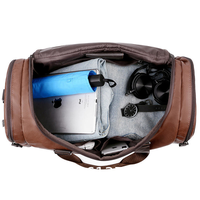 Custom Print Vintage Waterproof PU Leather Outdoor Handbag Shoulder Weekend Gym Luggage Travel Duffel Bag for Men
