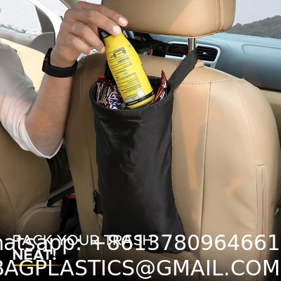 Car Trash Bag Hanging with Elastic Opening & Easy Mount | Auto Garbage Can with Waterproof Oxford Material