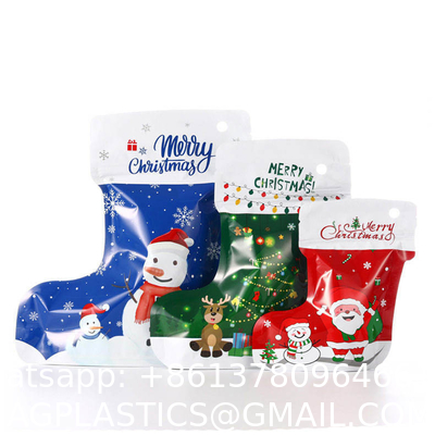 Christmas Socks Stand Up Aluminium Pouches Decorations Plastic Reasable Food Packaging Gift Bags