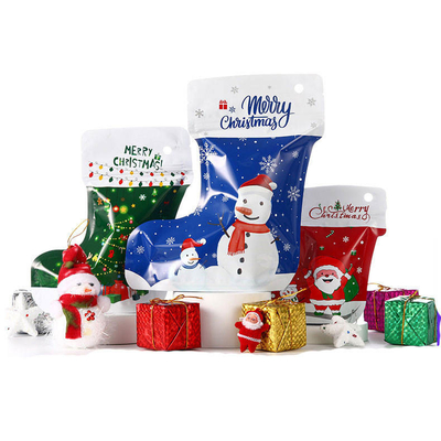 Christmas Socks Stand Up Aluminium Pouches Decorations Plastic Reasable Food Packaging Gift Bags