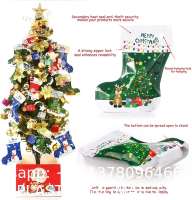 Christmas Socks Stand Up Aluminium Pouches Decorations Plastic Reasable Food Packaging Gift Bags