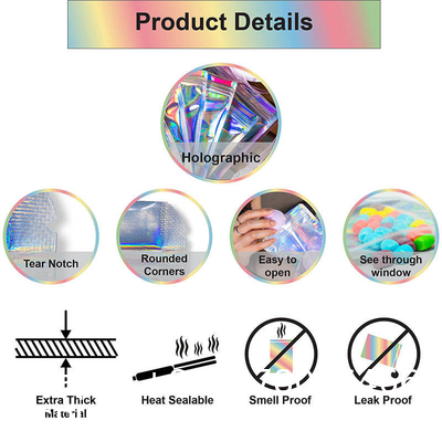 Clear Front Foil Back Iridescent Food Zip Lock Bags Resealable Holographic Stand Up Pouches Smell Proof Mylar Bags