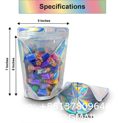 Clear Front Foil Back Iridescent Food Zip Lock Bags Resealable Holographic Stand Up Pouches Smell Proof Mylar Bags