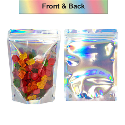 Clear Front Foil Back Iridescent Food Zip Lock Bags Resealable Holographic Stand Up Pouches Smell Proof Mylar Bags