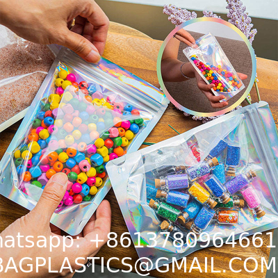 Clear Front Foil Back Iridescent Food Zip Lock Bags Resealable Holographic Stand Up Pouches Smell Proof Mylar Bags