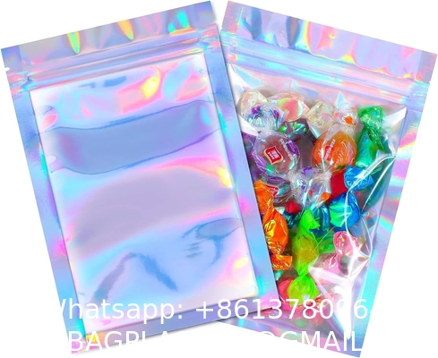 Clear Front Foil Back Iridescent Food Zip Lock Bags Resealable Holographic Stand Up Pouches Smell Proof Mylar Bags