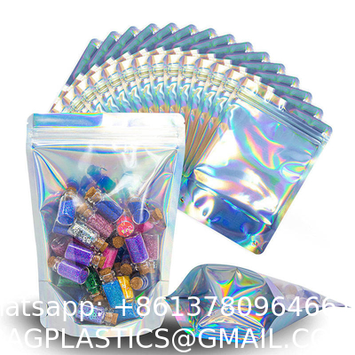Clear Front Foil Back Iridescent Food Zip Lock Bags Resealable Holographic Stand Up Pouches Smell Proof Mylar Bags