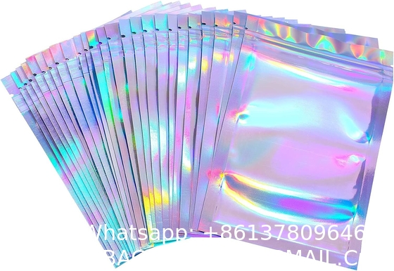Clear Front Foil Back Iridescent Food Zip Lock Bags Resealable Holographic Stand Up Pouches Smell Proof Mylar Bags