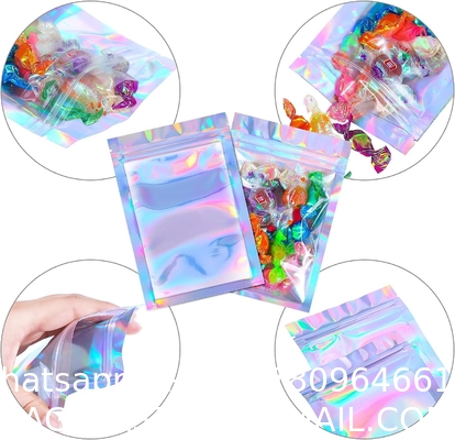 Clear Front Foil Back Iridescent Food Zip Lock Bags Resealable Holographic Stand Up Pouches Smell Proof Mylar Bags
