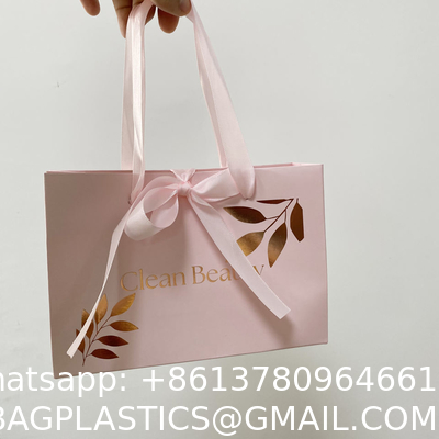 Competitive Price Elegant Customized Brand Logo Luxury Wine Boutique Shopping PinkPaper Gift Bags With Ribbon Handles