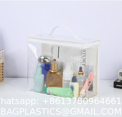 Customized Logo Design Portable Plastic Clear Transparent Makeup Cosmetic Travel Bags PVC Dry Bags With Handle