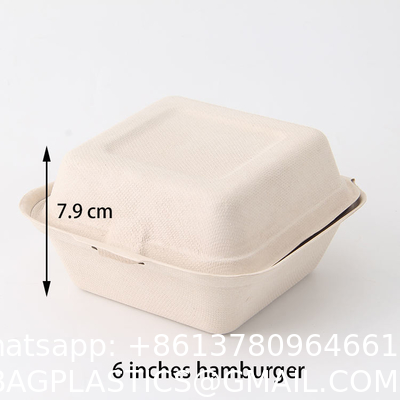 Custom 6x6 Inch Take Away Lunch Packing Fast Food Container Biodegradable Clamshell Bagasse Hamburger Sugarcane Burger
