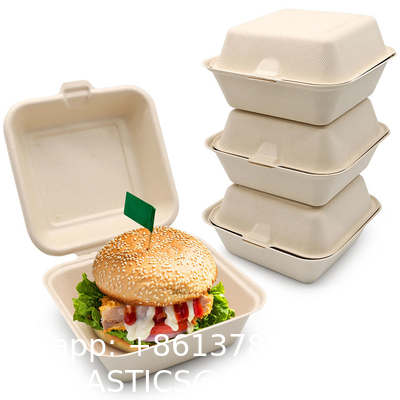 Custom 6x6 Inch Take Away Lunch Packing Fast Food Container Biodegradable Clamshell Bagasse Hamburger Sugarcane Burger