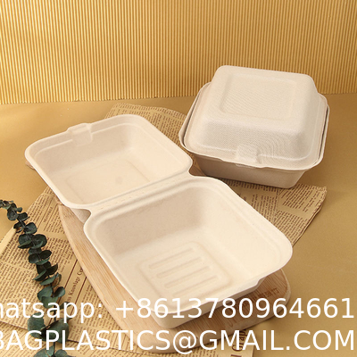 Custom 6x6 Inch Take Away Lunch Packing Fast Food Container Biodegradable Clamshell Bagasse Hamburger Sugarcane Burger