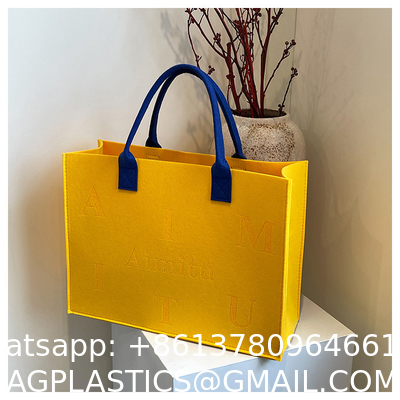 Portable Promotion Custom Printed Logo Felt Tote Bag Handbags Wool Felt Grocery Shopping Tote Bag Wholesale Fashion Women Daily Felt Gift Tote Bag With Outer Pocket