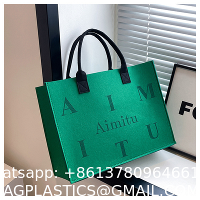 Portable Promotion Custom Printed Logo Felt Tote Bag Handbags Wool Felt Grocery Shopping Tote Bag Wholesale Fashion Women Daily Felt Gift Tote Bag With Outer Pocket
