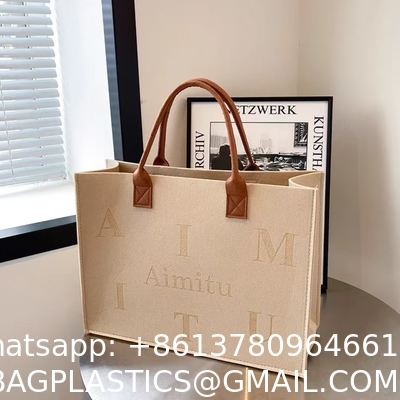 Portable Promotion Custom Printed Logo Felt Tote Bag Handbags Wool Felt Grocery Shopping Tote Bag Wholesale Fashion Women Daily Felt Gift Tote Bag With Outer Pocket