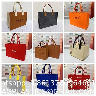 Portable Promotion Custom Printed Logo Felt Tote Bag Handbags Wool Felt Grocery Shopping Tote Bag Wholesale Fashion Women Daily Felt Gift Tote Bag With Outer Pocket