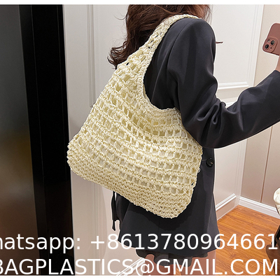Bolsas Personalizadas Logo Bolsos De Paja Tejida Custom Raffia Clutch Woven Crochet Shoulder Women Handbags Beach Straw Bag Mesh Beach Bag Crochet Tote Bag Straw Crochet Purses for Women Raffia Tote