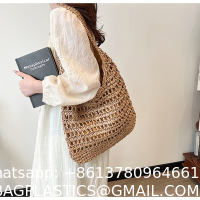 Bolsas Personalizadas Logo Bolsos De Paja Tejida Custom Raffia Clutch Woven Crochet Shoulder Women Handbags Beach Straw Bag Mesh Beach Bag Crochet Tote Bag Straw Crochet Purses for Women Raffia Tote