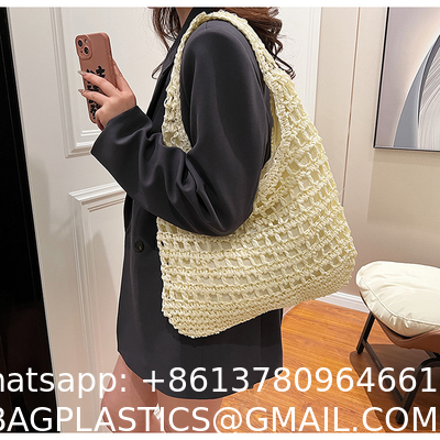 Bolsas Personalizadas Logo Bolsos De Paja Tejida Custom Raffia Clutch Woven Crochet Shoulder Women Handbags Beach Straw Bag Mesh Beach Bag Crochet Tote Bag Straw Crochet Purses for Women Raffia Tote