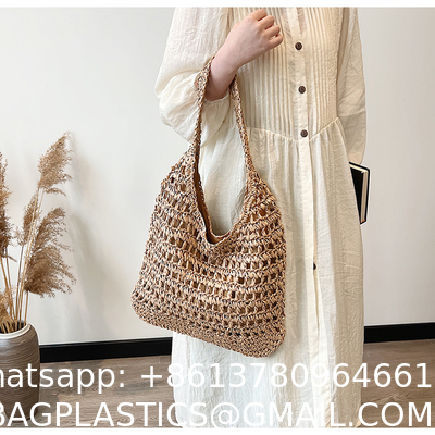 Bolsas Personalizadas Logo Bolsos De Paja Tejida Custom Raffia Clutch Woven Crochet Shoulder Women Handbags Beach Straw Bag Mesh Beach Bag Crochet Tote Bag Straw Crochet Purses for Women Raffia Tote