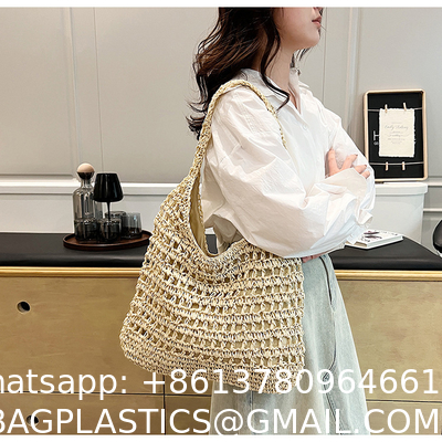 Bolsas Personalizadas Logo Bolsos De Paja Tejida Custom Raffia Clutch Woven Crochet Shoulder Women Handbags Beach Straw Bag Mesh Beach Bag Crochet Tote Bag Straw Crochet Purses for Women Raffia Tote