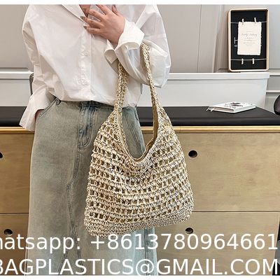 Bolsas Personalizadas Logo Bolsos De Paja Tejida Custom Raffia Clutch Woven Crochet Shoulder Women Handbags Beach Straw Bag Mesh Beach Bag Crochet Tote Bag Straw Crochet Purses for Women Raffia Tote