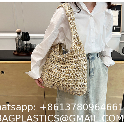 Bolsas Personalizadas Logo Bolsos De Paja Tejida Custom Raffia Clutch Woven Crochet Shoulder Women Handbags Beach Straw Bag Mesh Beach Bag Crochet Tote Bag Straw Crochet Purses for Women Raffia Tote