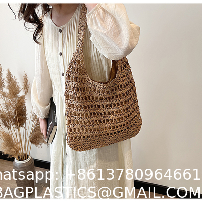 Bolsas Personalizadas Logo Bolsos De Paja Tejida Custom Raffia Clutch Woven Crochet Shoulder Women Handbags Beach Straw Bag Mesh Beach Bag Crochet Tote Bag Straw Crochet Purses for Women Raffia Tote